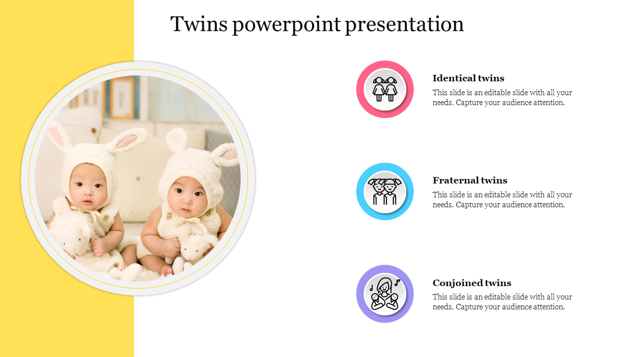 Circular image of twin babies wearing bunny caps with a yellow sidebar, and three colored icons with text on the right.