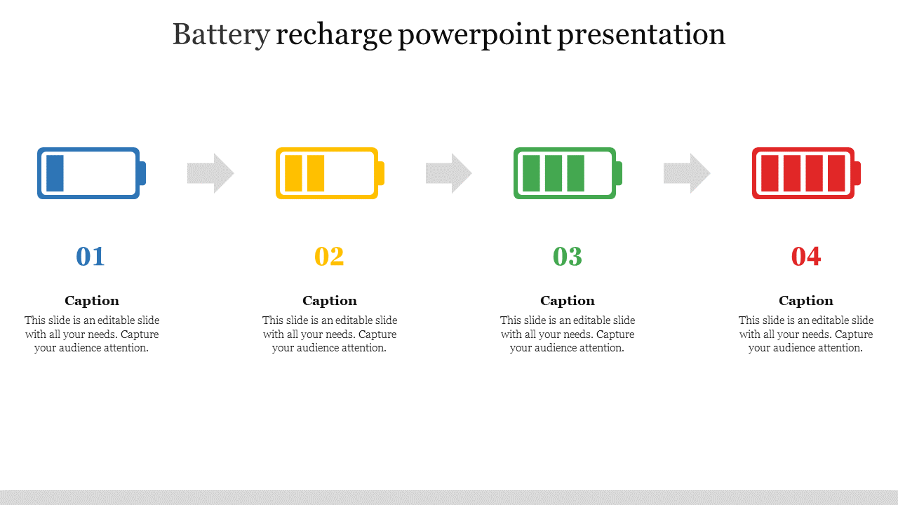 Slide featuring a battery recharge theme with four battery icons indicating different charge levels and space for captions.