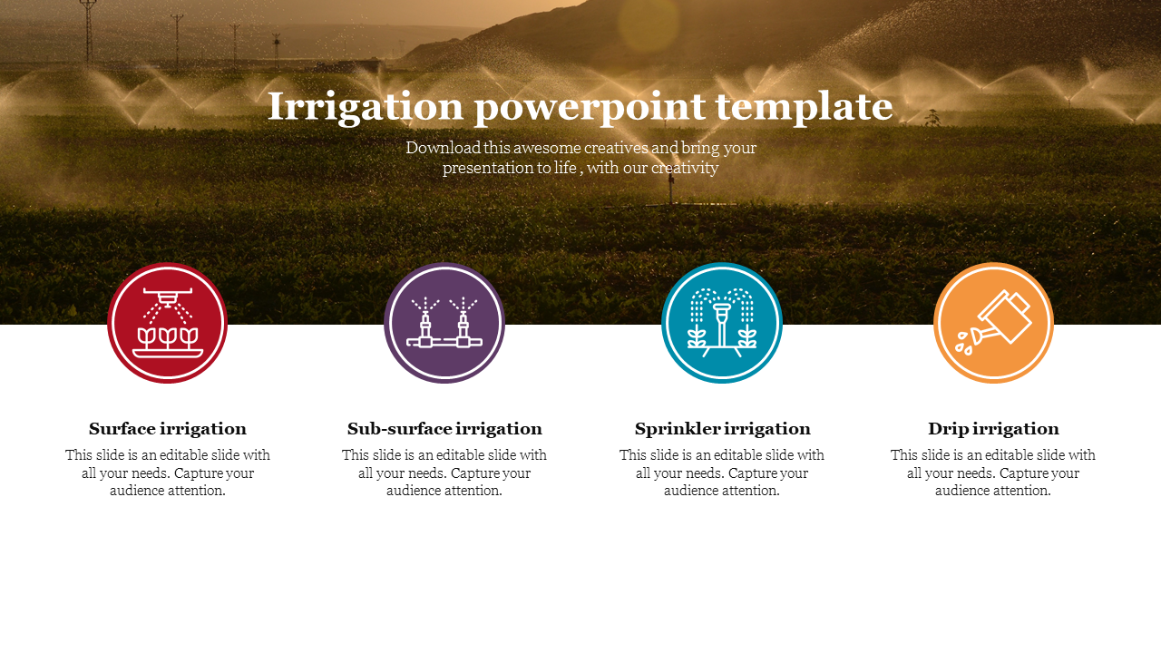 Irrigation themed slide showcasing four types of irrigation each represented by distinct color coded icons.