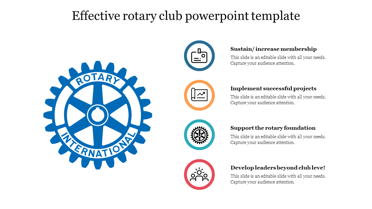 Rotary International blue gear, with four colored icons and text in a vertical list on the right.