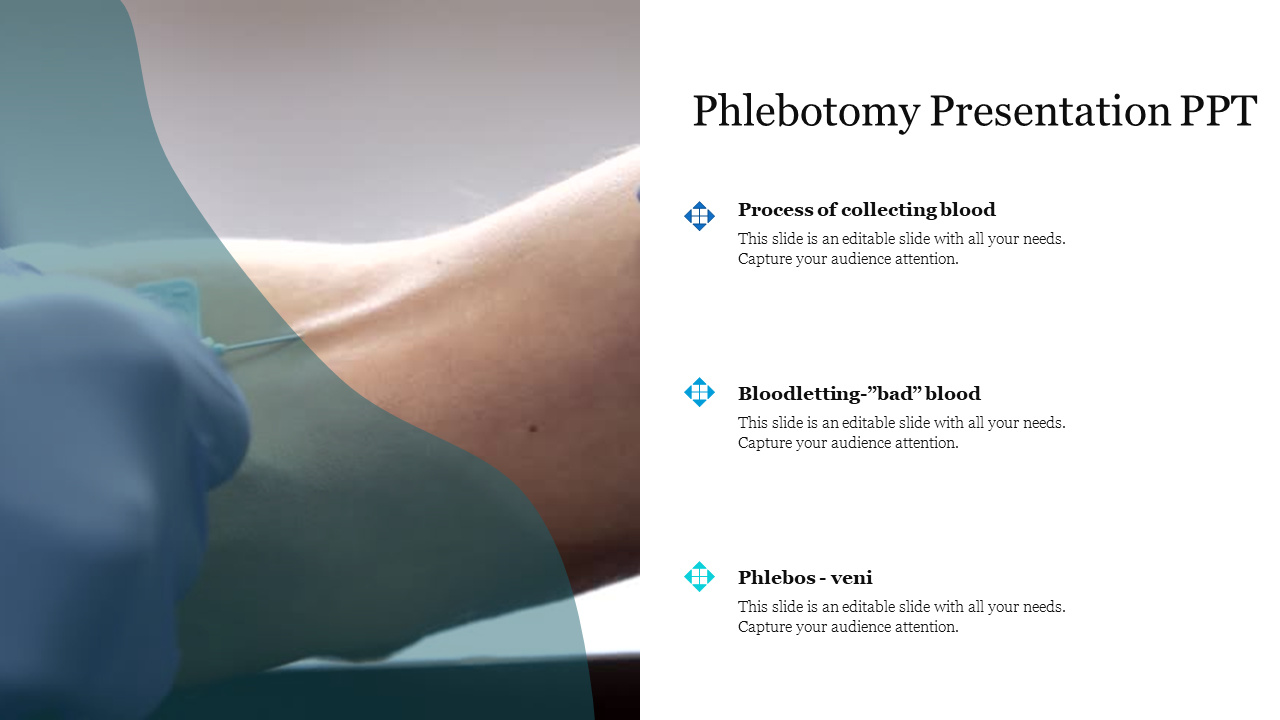 Phlebotomy slide showing a close up image of blood being drawn with three description points and placeholder text.