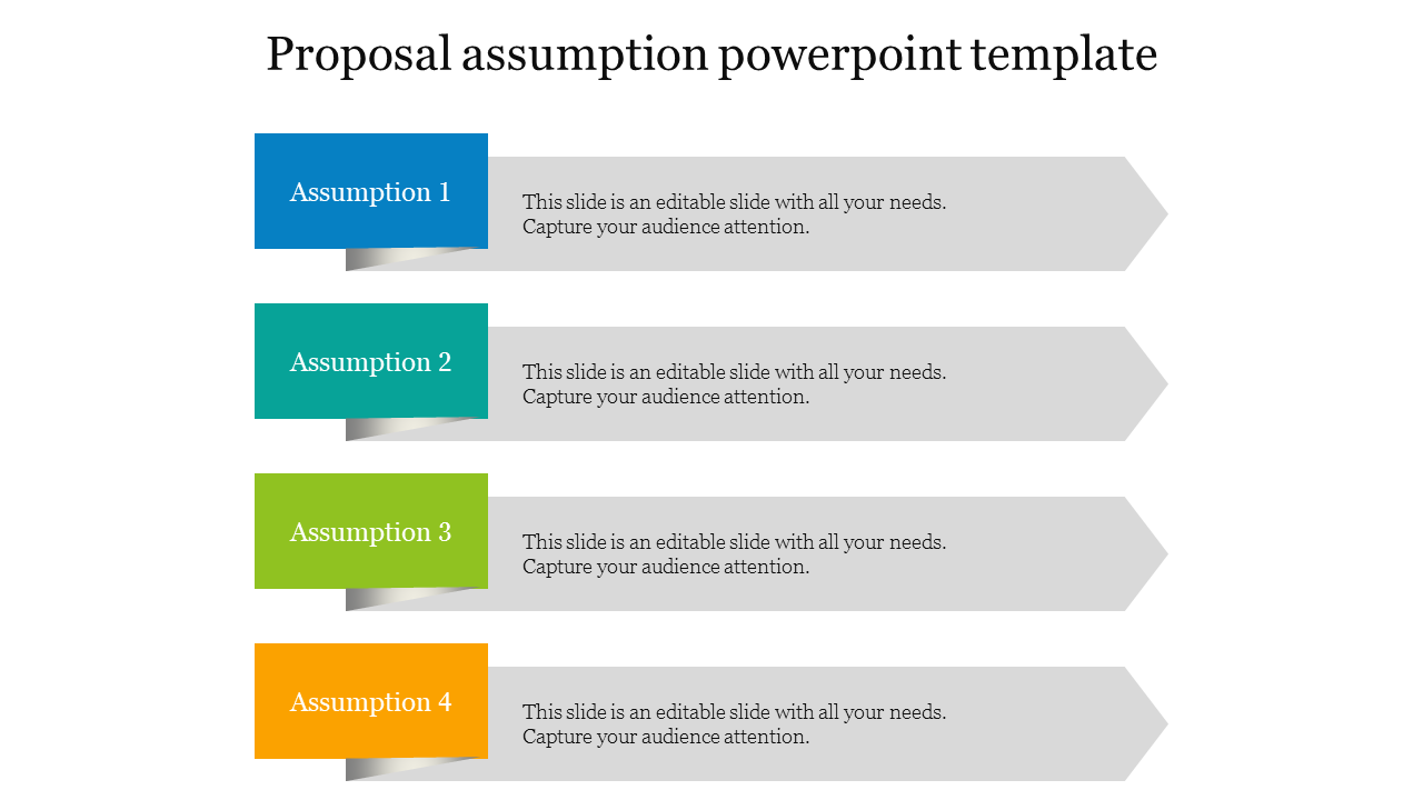 Slide layout showcasing four horizontally aligned boxes, each with a distinct color for assumptions and a gray caption area.