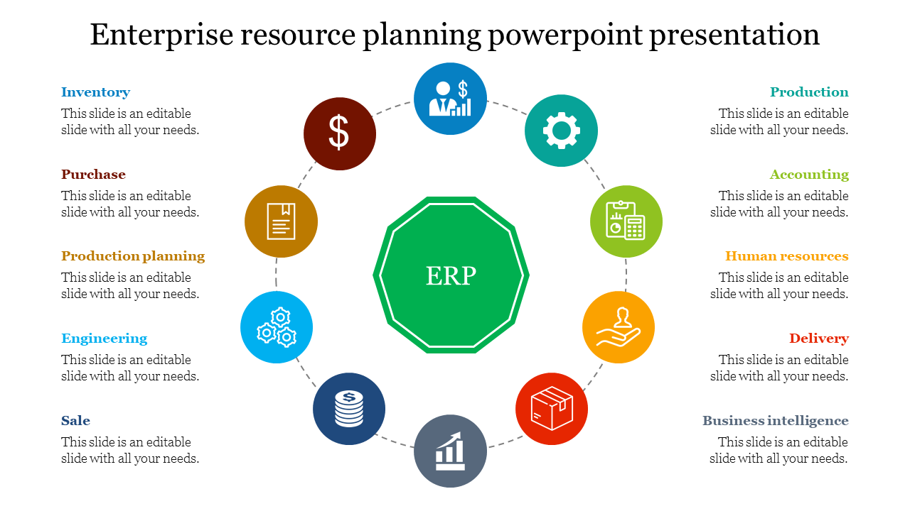 Enterprise resource planning diagram slide surrounded by various color coded icons with placeholder text.