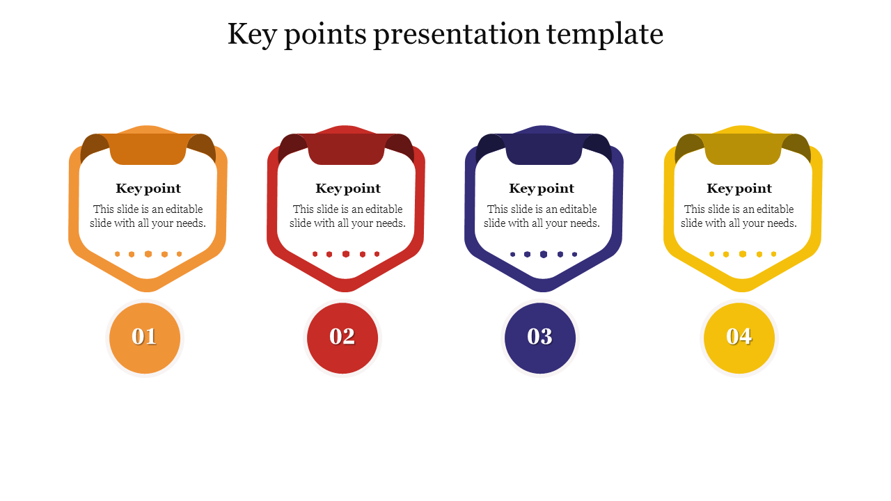 A slide design with four key points, each in a colored shield shape, numbered one to four, with multicolored caption areas.