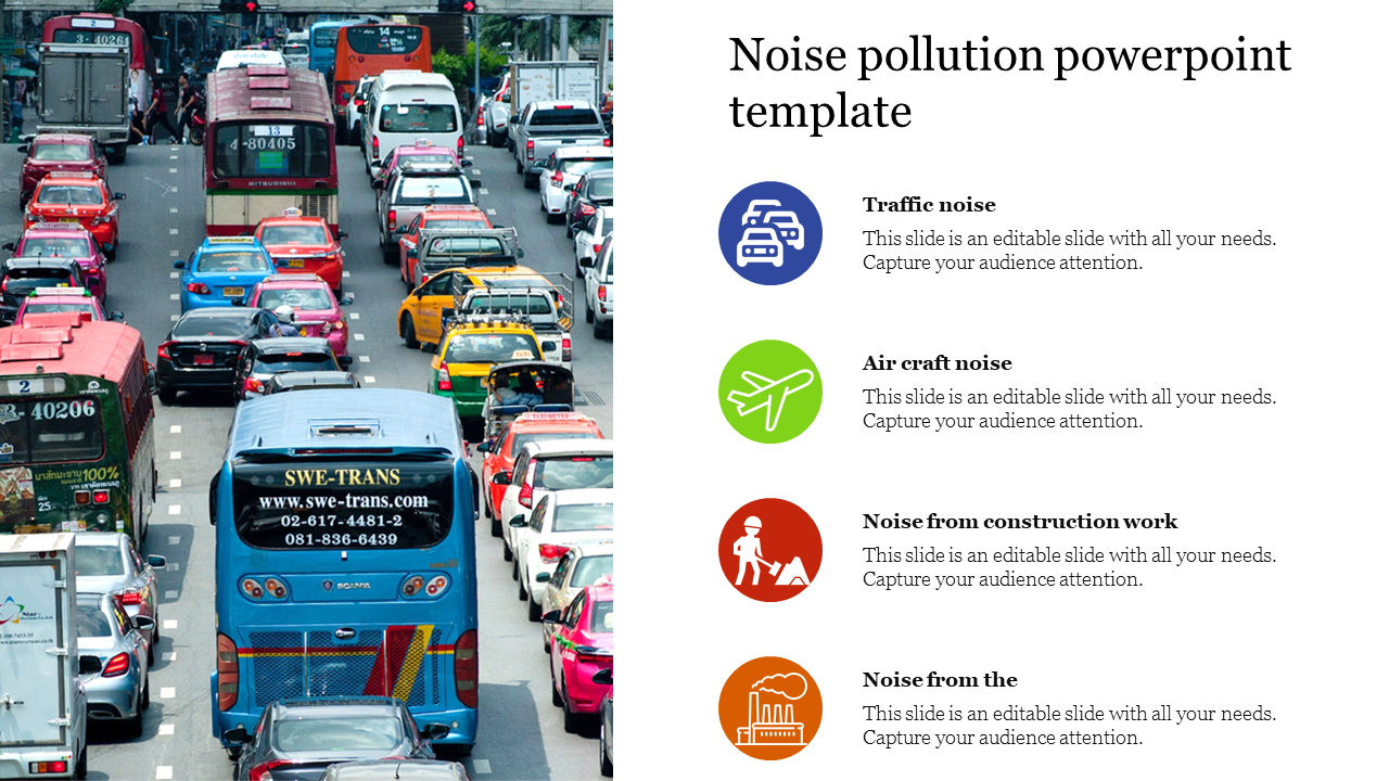 Split slide with traffic scene of various colored vehicles, and four icons with text describing noise pollution.