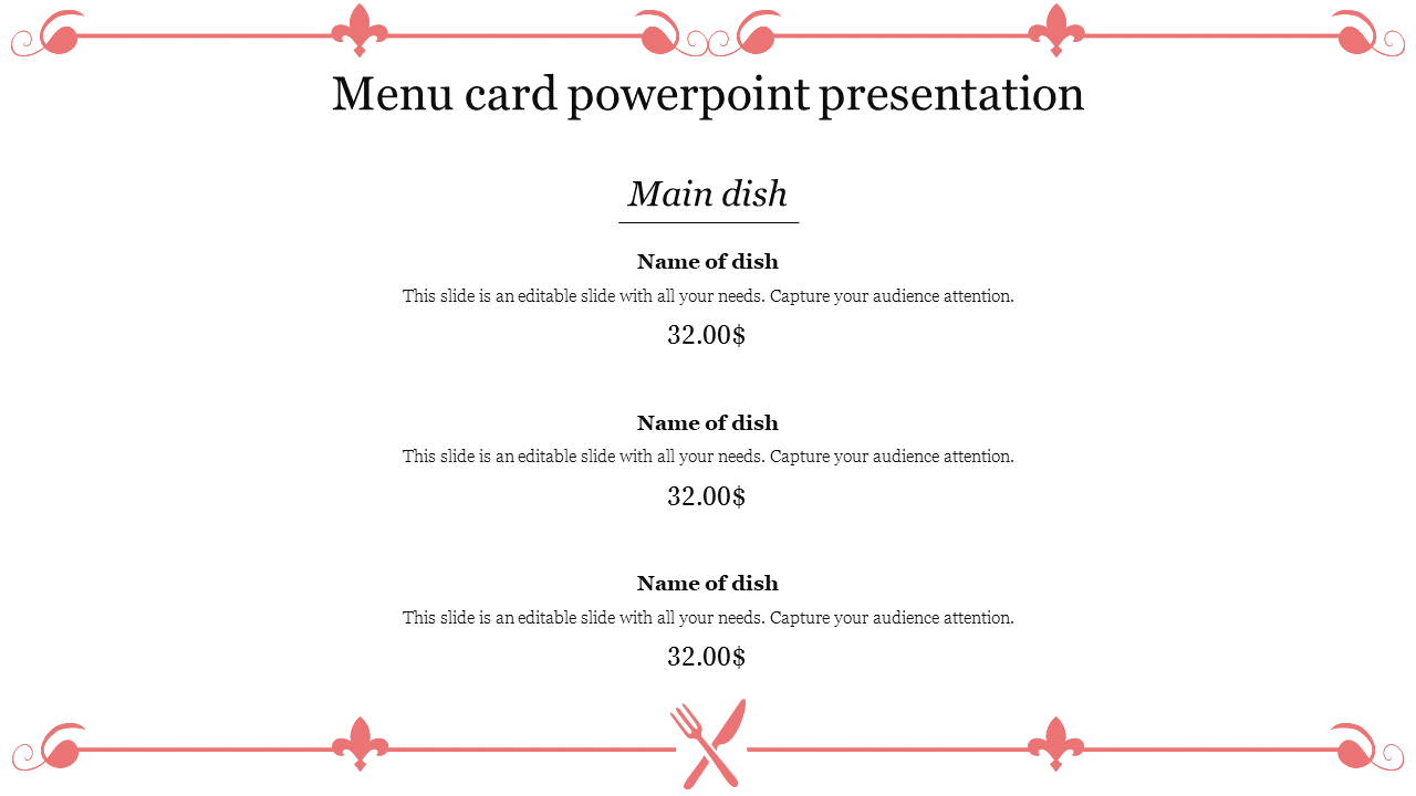 Elegant slide for a menu card presentation, featuring a main dish section with placeholders for dish names and prices.