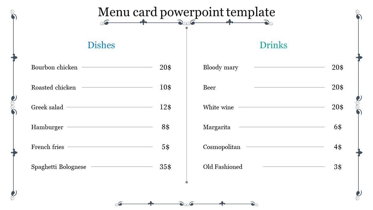 Menu card template with dishes and prices on the left and drinks and prices on the right, separated by a vertical line.