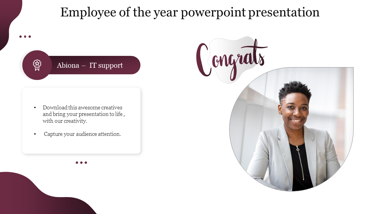 Slide honouring the employee of the year with a portrait and congratulatory text in maroon accents.