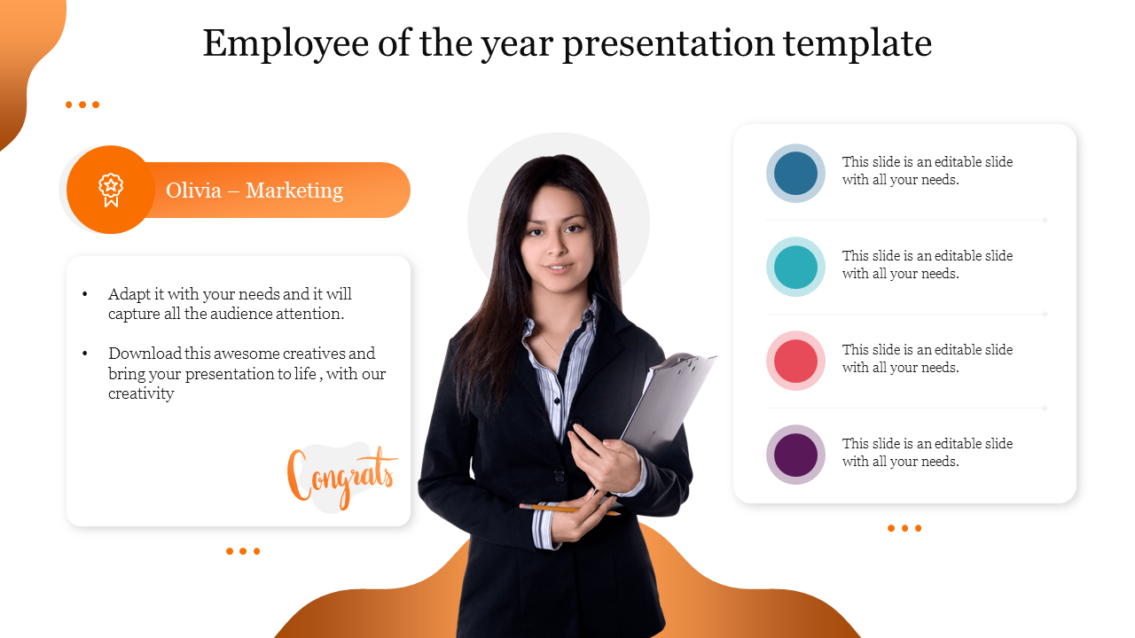 Employee recognition PowerPoint template with employee photo, title, and placeholder sections.