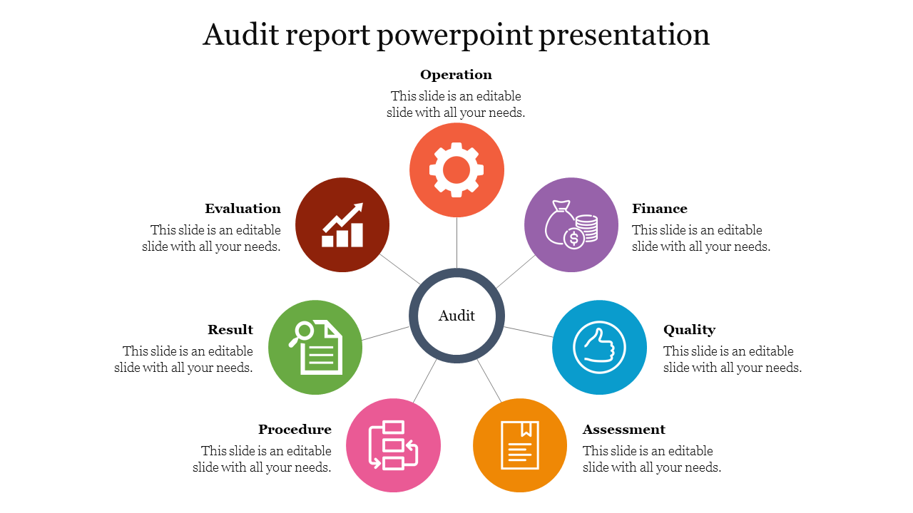 Audit report slide with colorful icons representing different key sections and icons with text captions.