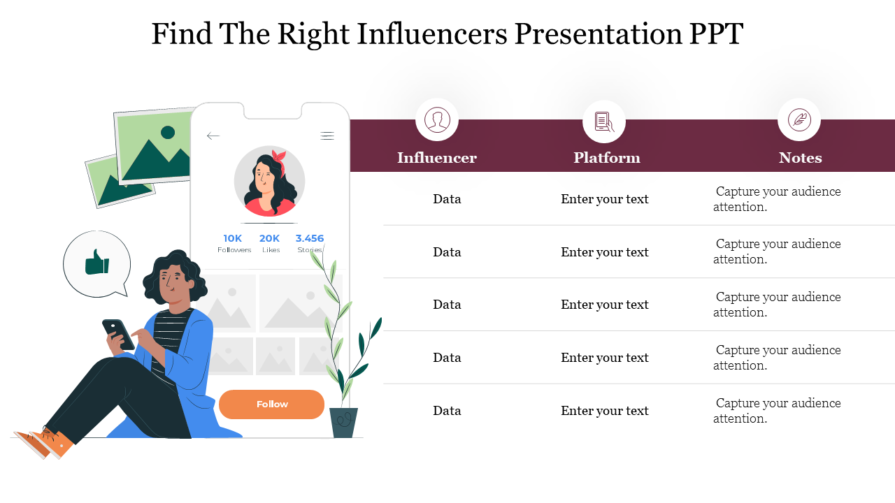 A cartoon person holding a phone next to a social media profile illustration, and a table for influencer data on the right.