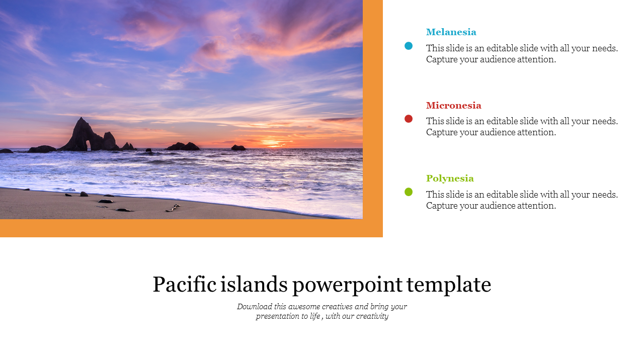 Beach sunset image with rock formations, by colored text boxes on the right representing Pacific island groups.