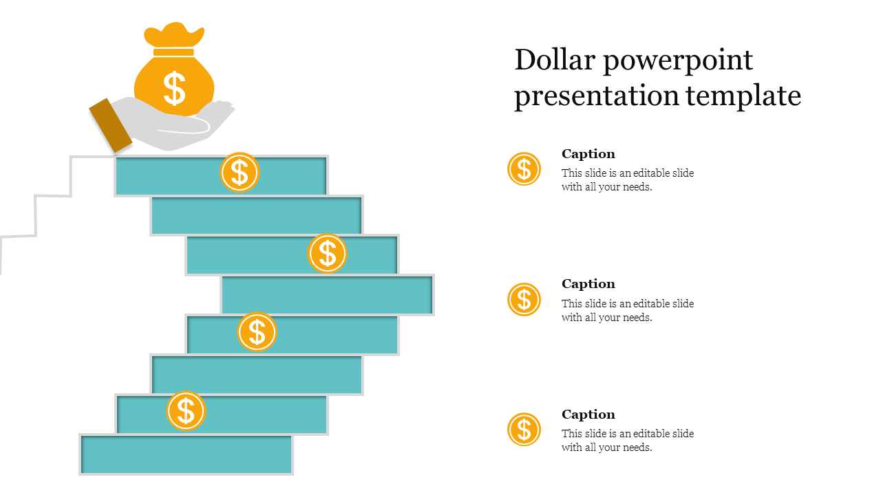 Dollar themed slide with a stair step design and dollar icons representing financial growth or investment steps.