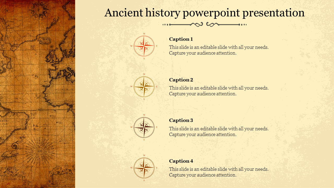 Slide featuring a vintage map background and four sections for captions, each with decorative compass icons.