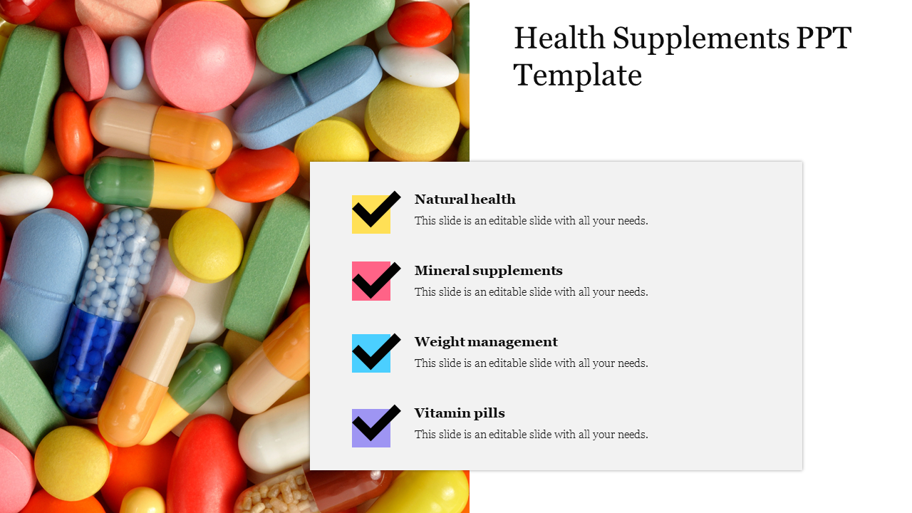 Health supplement slide with images of assorted pills and categories for natural health, minerals, weight, and vitamins.