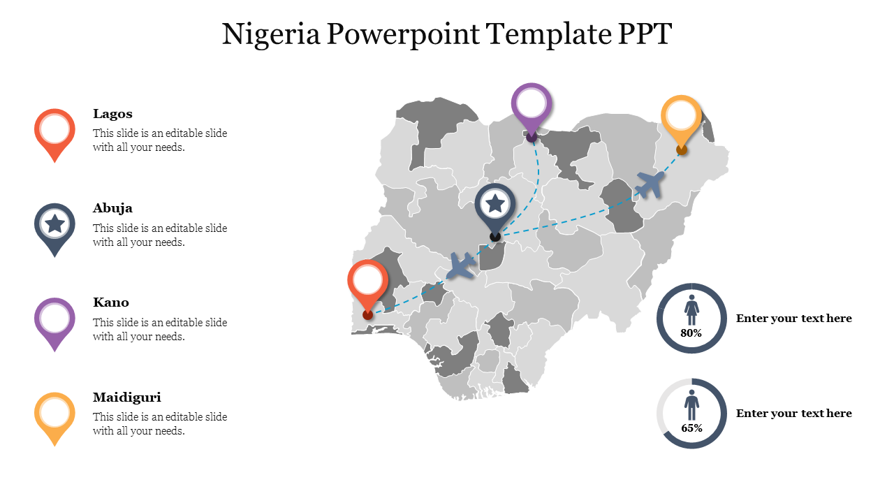 Map of Nigeria with four colored location markers along with dashed travel paths, and two circular data icons on the right.