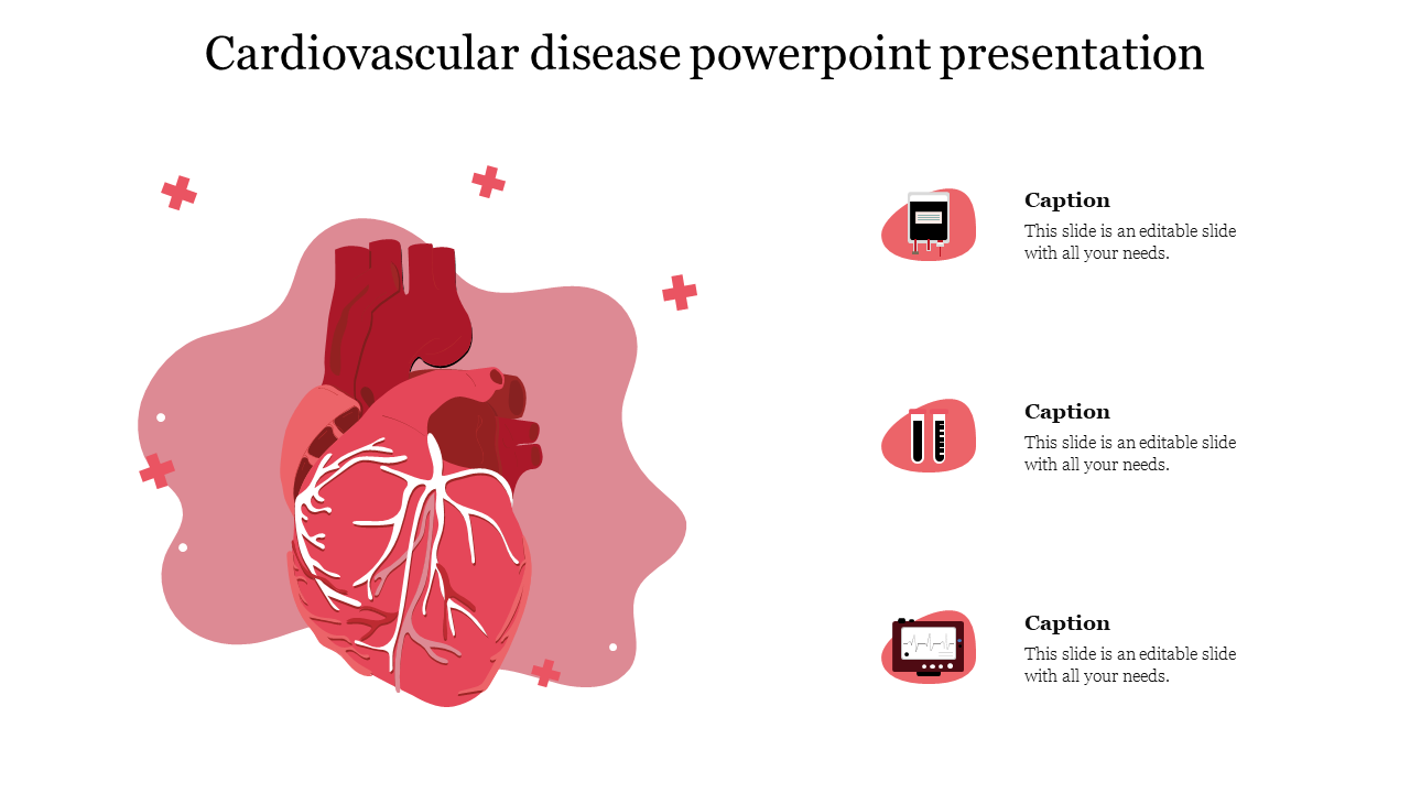 Cardiovascular disease slide with a large heart illustration and three caption areas with icons.