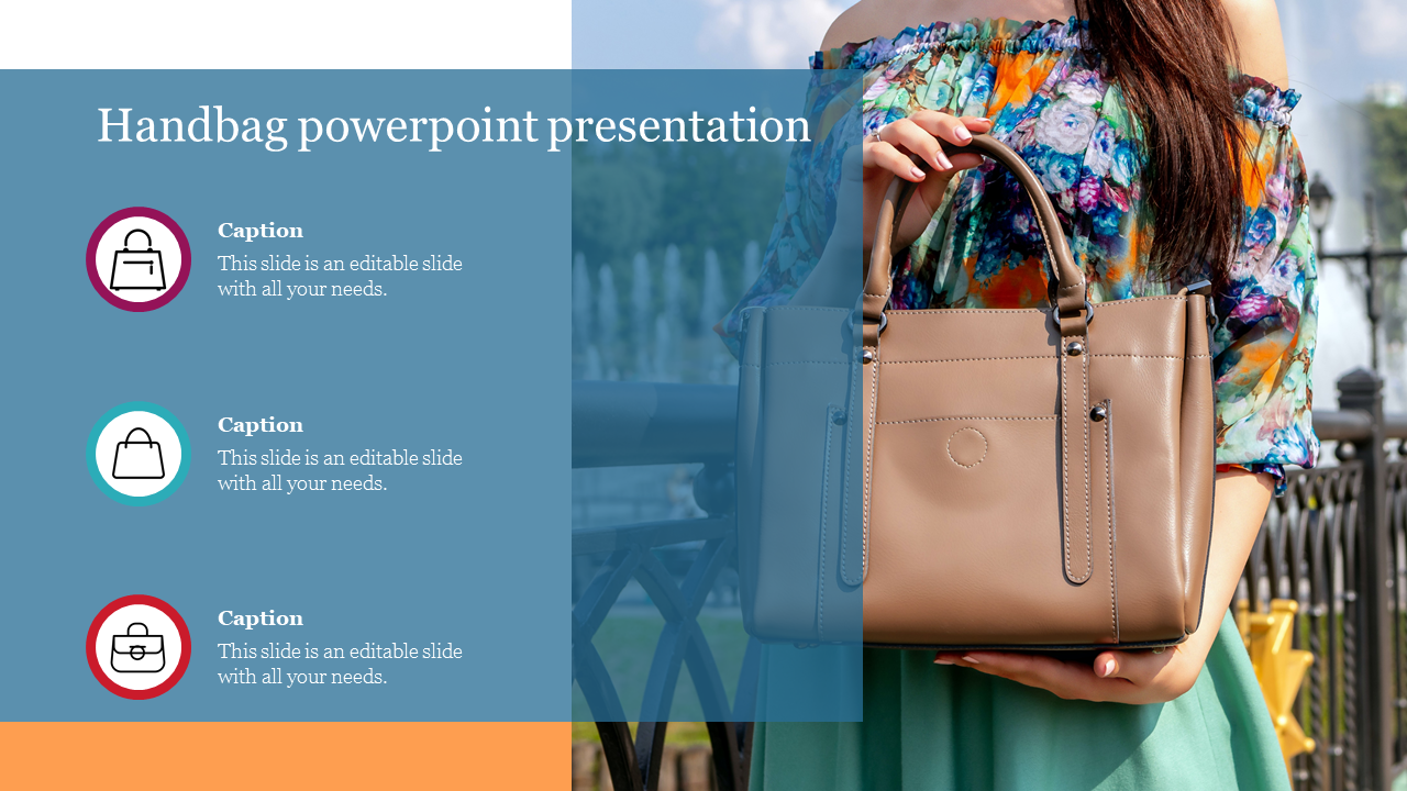 Split slide featuring a woman holding a tan handbag and three colored circular icons with captions, on a blue overlay.