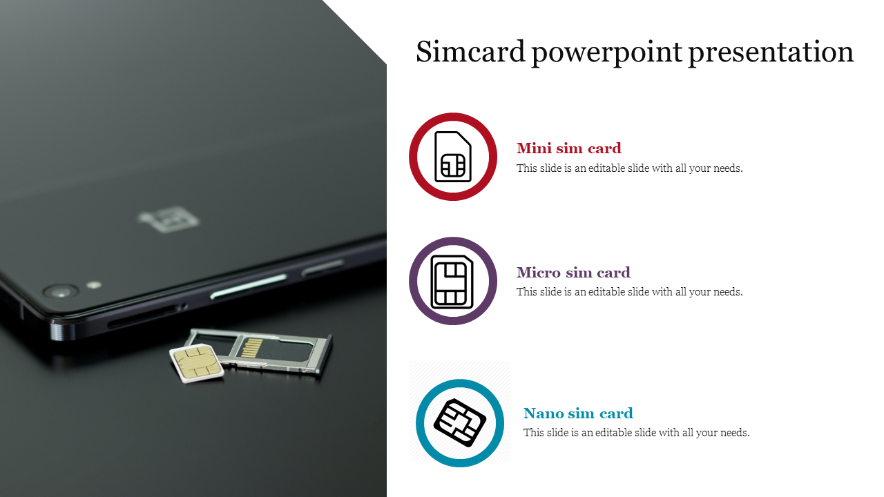 A phone next to a sim card tray with mini, micro, and nano types in colored circles on the right.