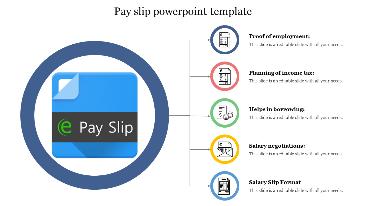 Blue pay slip icon inside a circle on the left, with five connected colored circles with text on a white background.