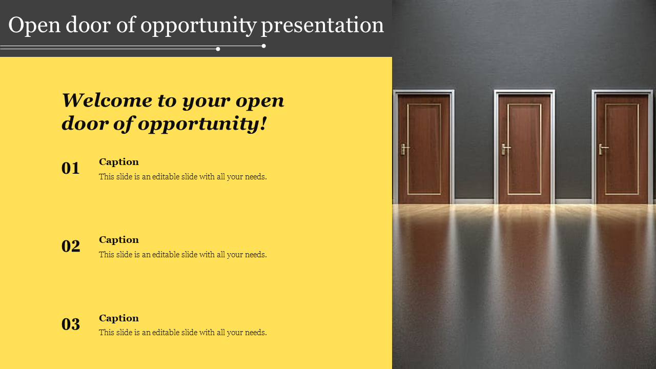 Opportunity-themed slide with text on a yellow background and an image of closed wooden doors, representing pathways.