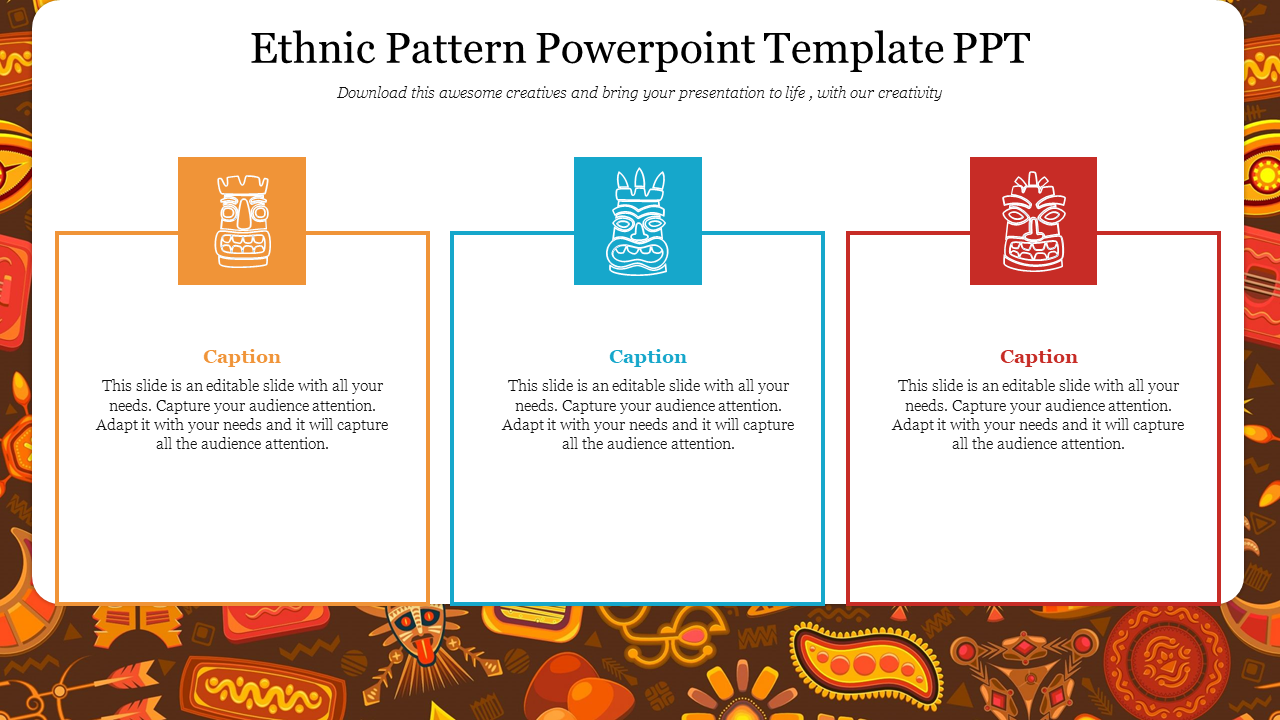 Ethnic pattern PowerPoint template with three colorful caption boxes and a decorative background.