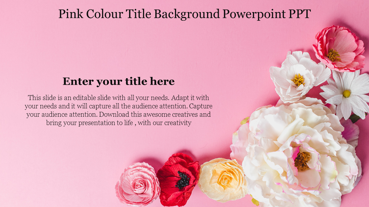 Pink-themed background slide with delicate flowers on the right side, including textbox for title and additional information.