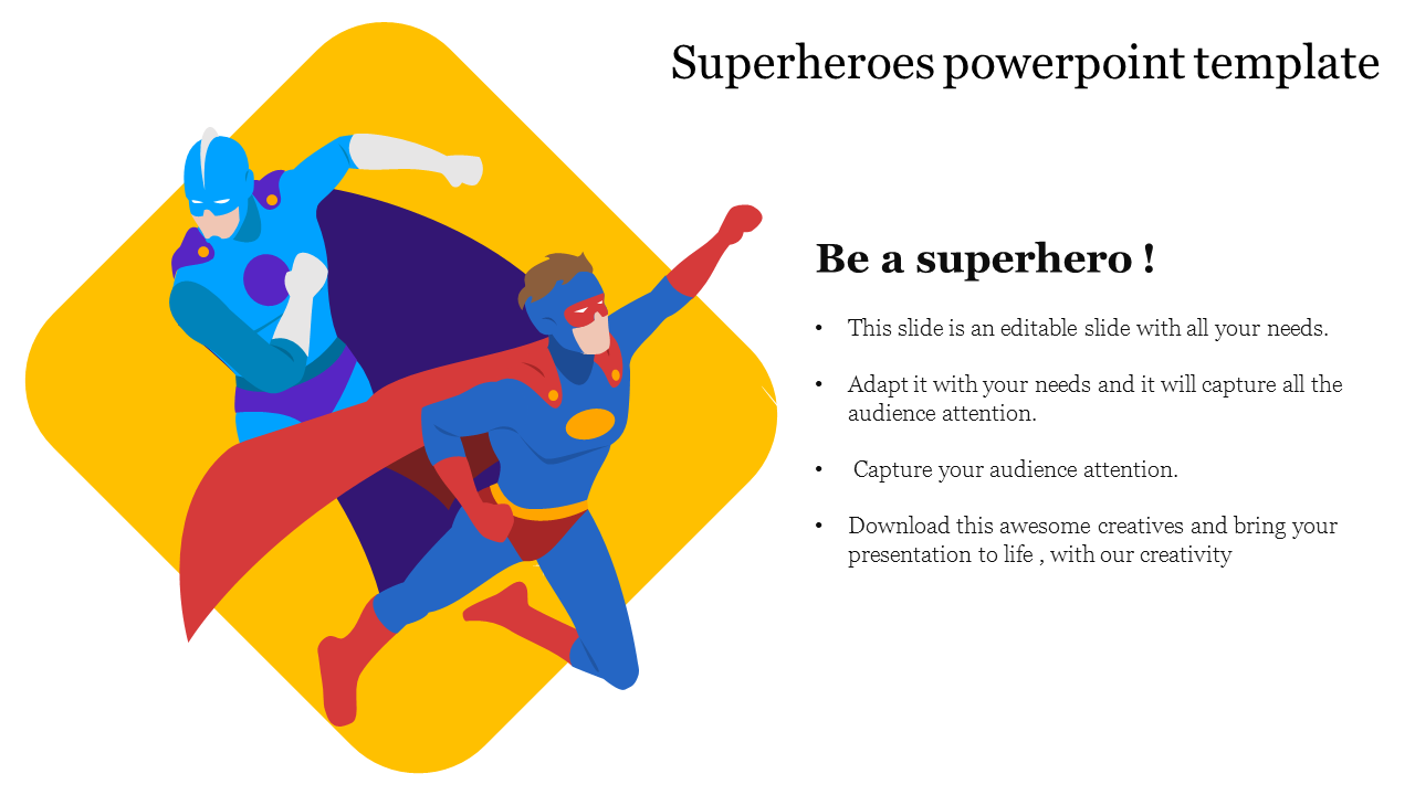 Two brightly colored superheroes with capes flying, set against a yellow diamond shaped background, with text on the right.