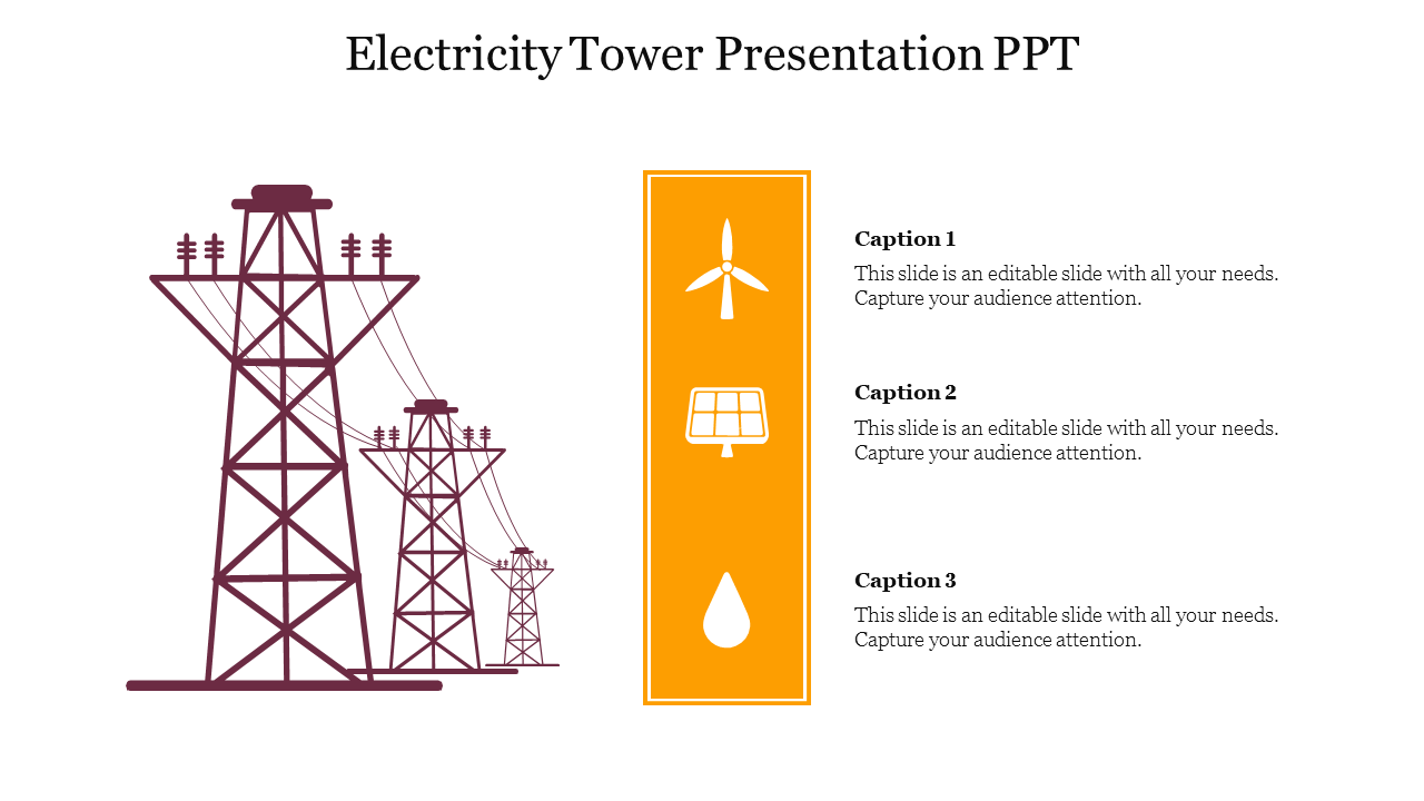 Slide featuring an illustration of electricity towers, with yellow sections for renewable energy icons and captions.