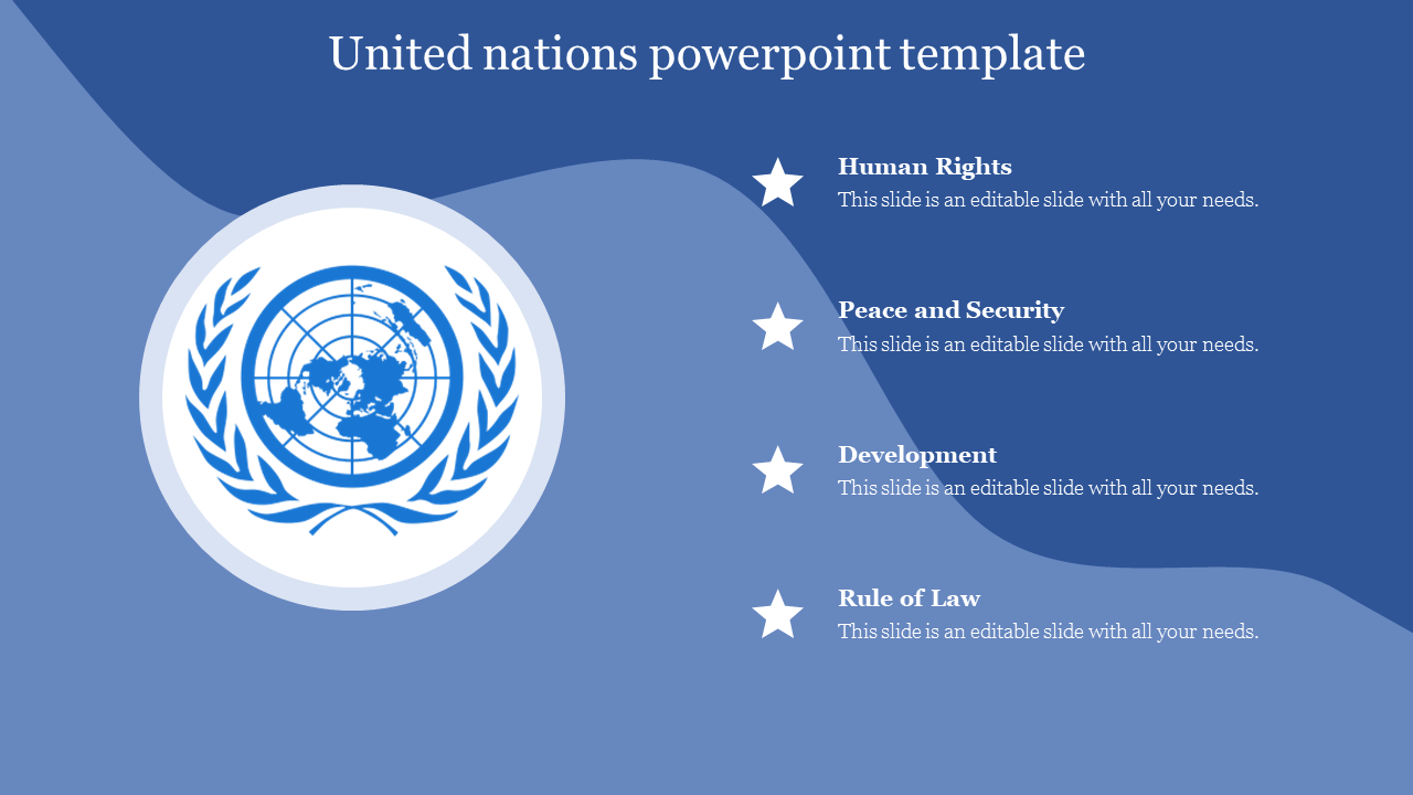 United Nations emblem and four stars with text on the right in a wavy blue themed layout.