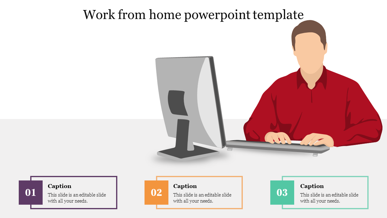 Minimalist work-from-home slide with an illustrated man at a computer and three color-coded caption areas.