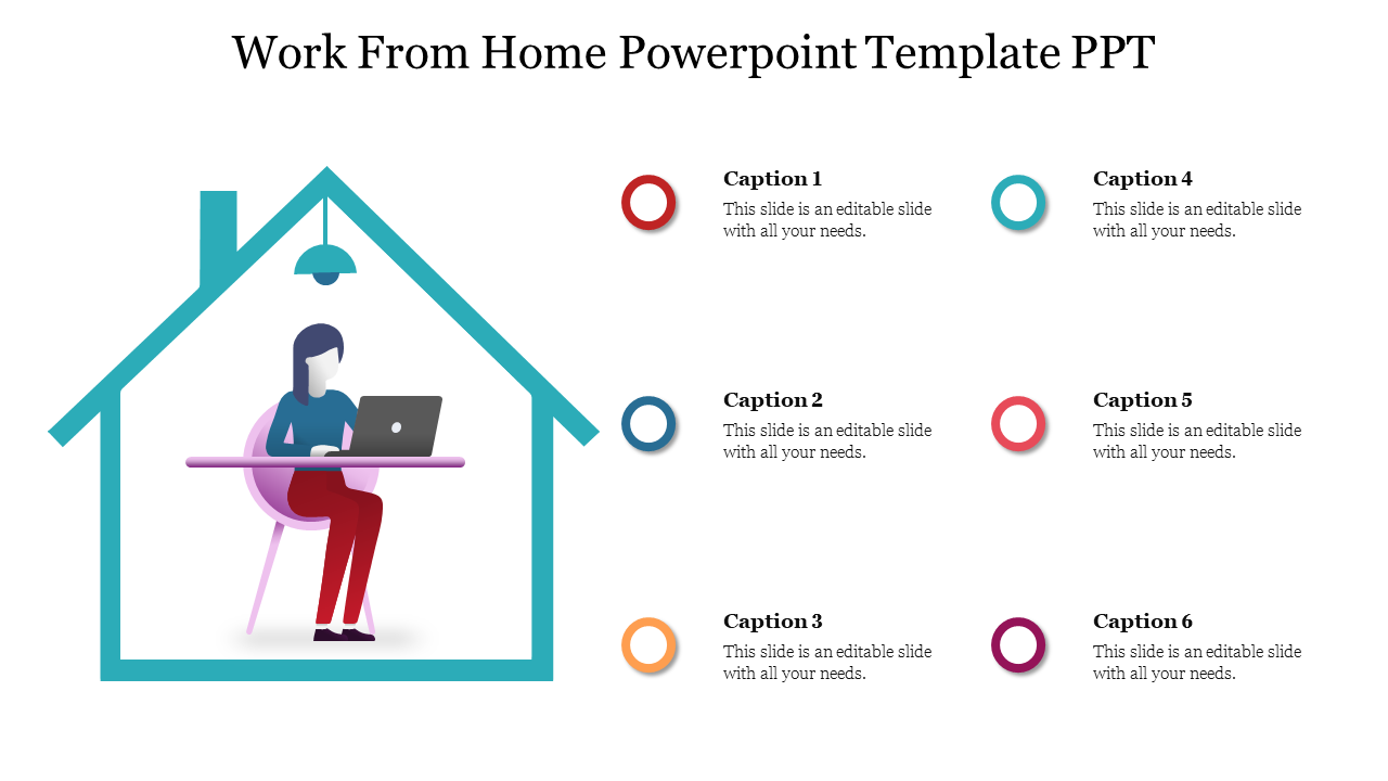Work from home slide featuring a person at a desk with six caption placeholders text.