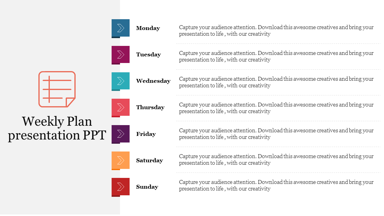 Creative Weekly Plan Presentation PPT Slide Designs