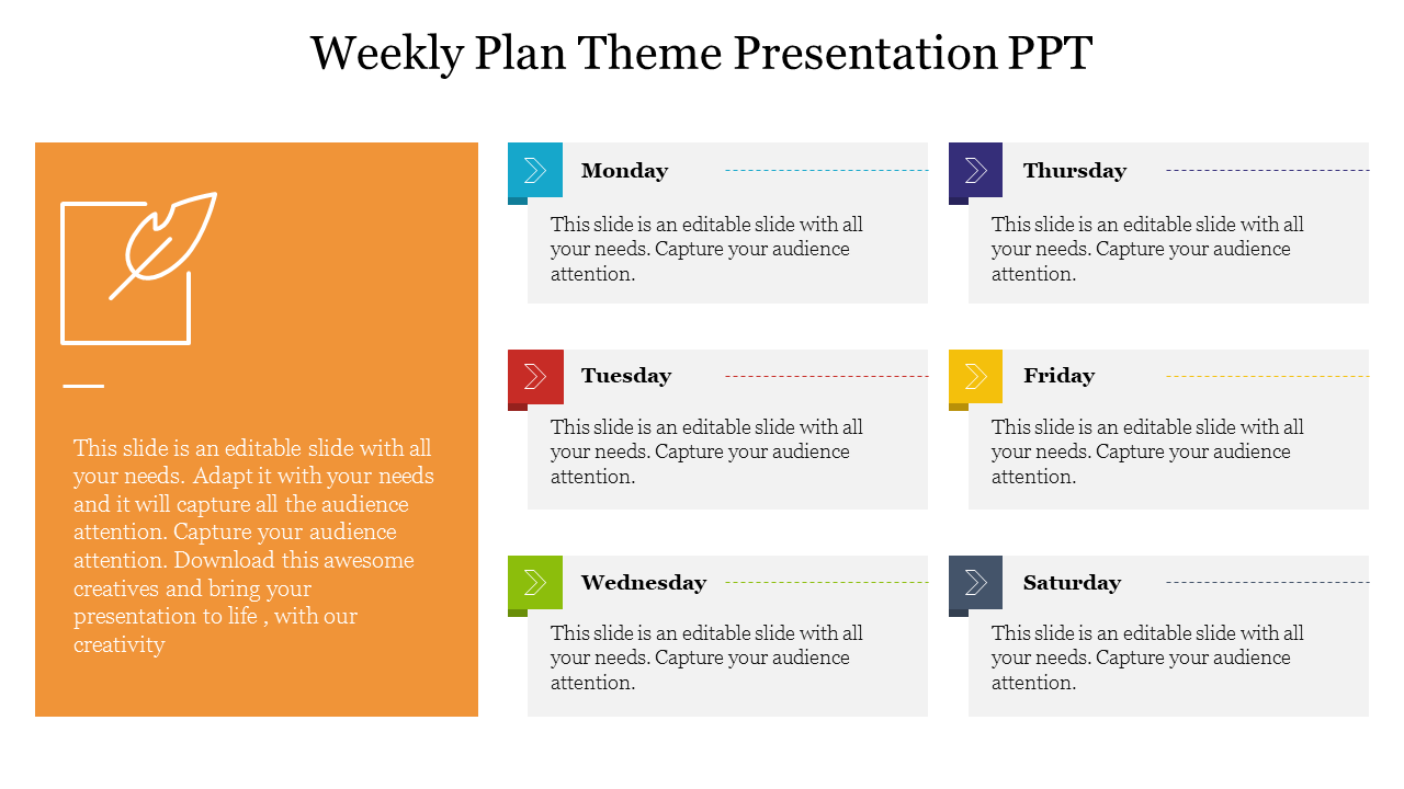 Weekly plan layout with separate placeholder text areas for each weekday from Monday to Saturday.