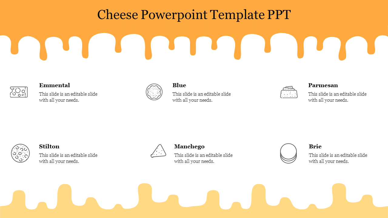 Two rows of cheese icons with labels, between a dripping of orange and yellow design, on a white background.