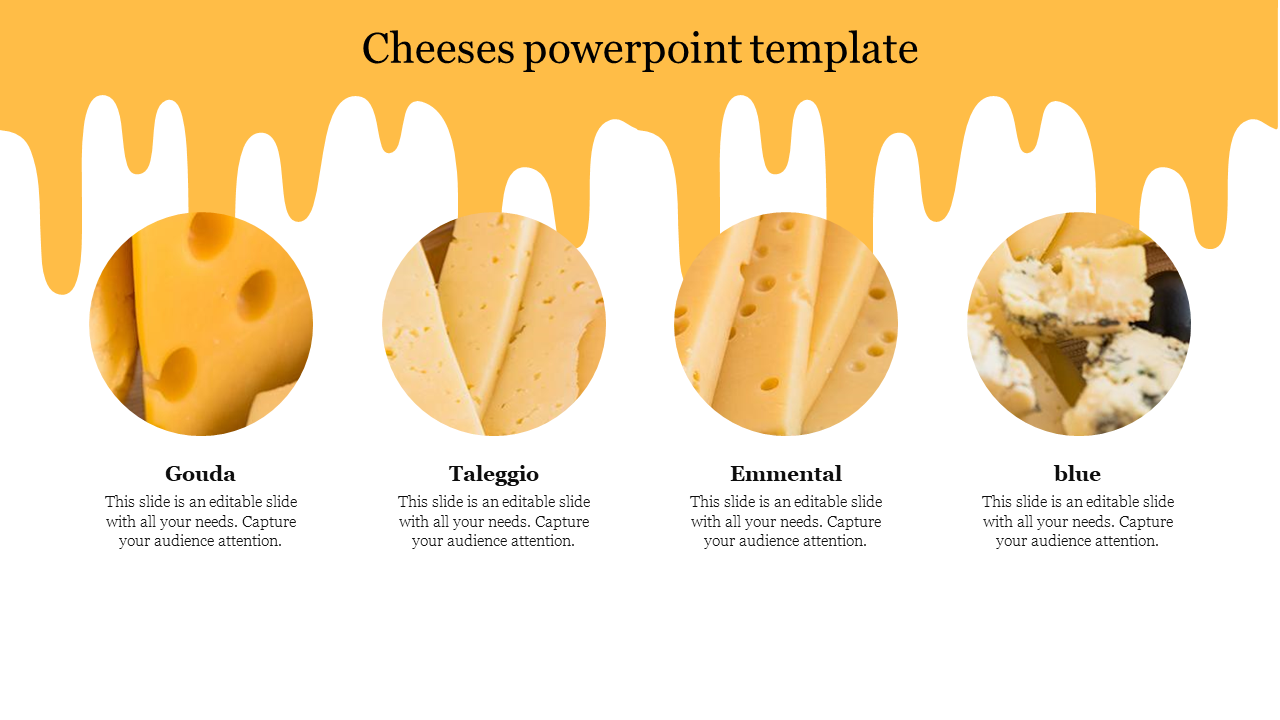 Four circular images of different cheeses with a yellow dripping effect at the top, on a white background.