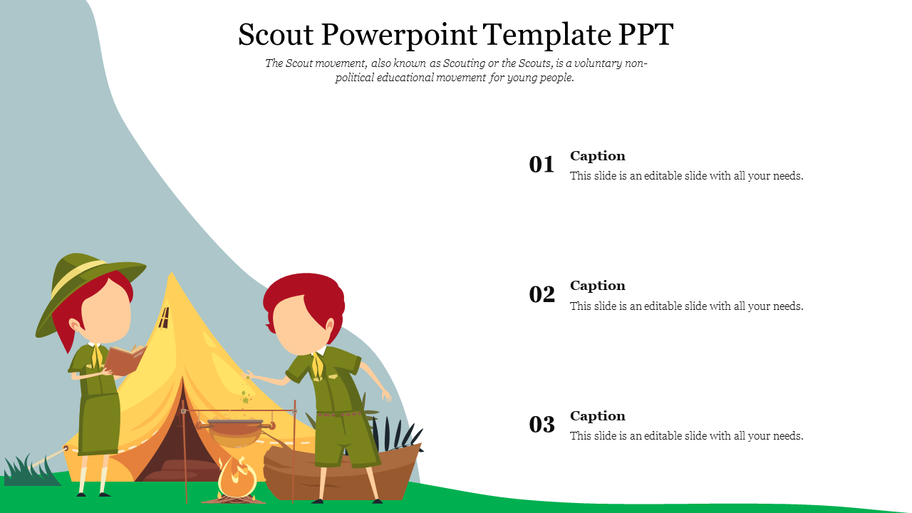 Two scouts standing near a yellow tent with a campfire, on a green grass field, with three numbered sections.