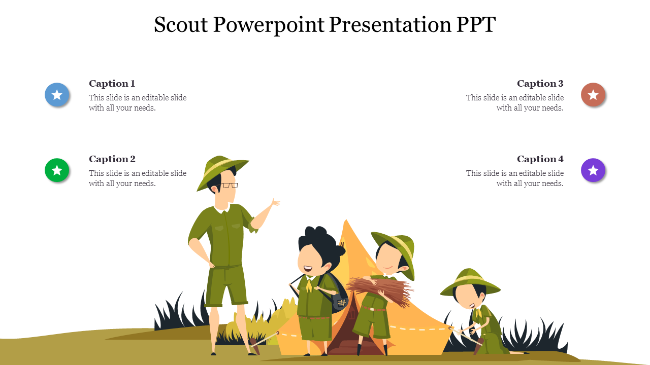 Slide featuring children in scout uniforms around a tent, with placeholders for captions.