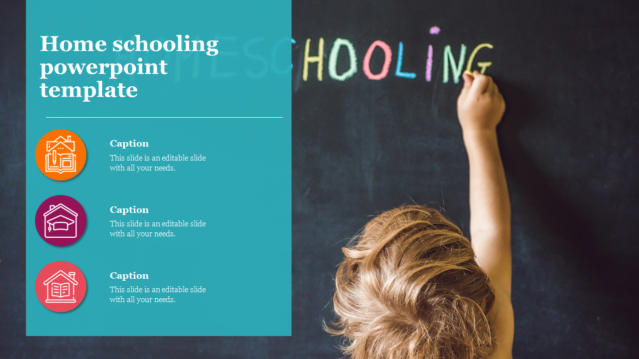 Home schooling PowerPoint template with colorful icons, showcasing a child engaged in learning on a blackboard.