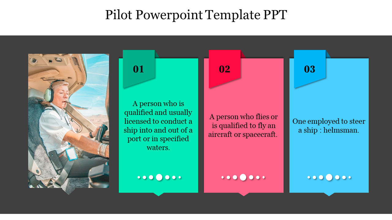 A pilot illustration on the left, followed by three colorful panels in green, red, and blue, each with numbered text.