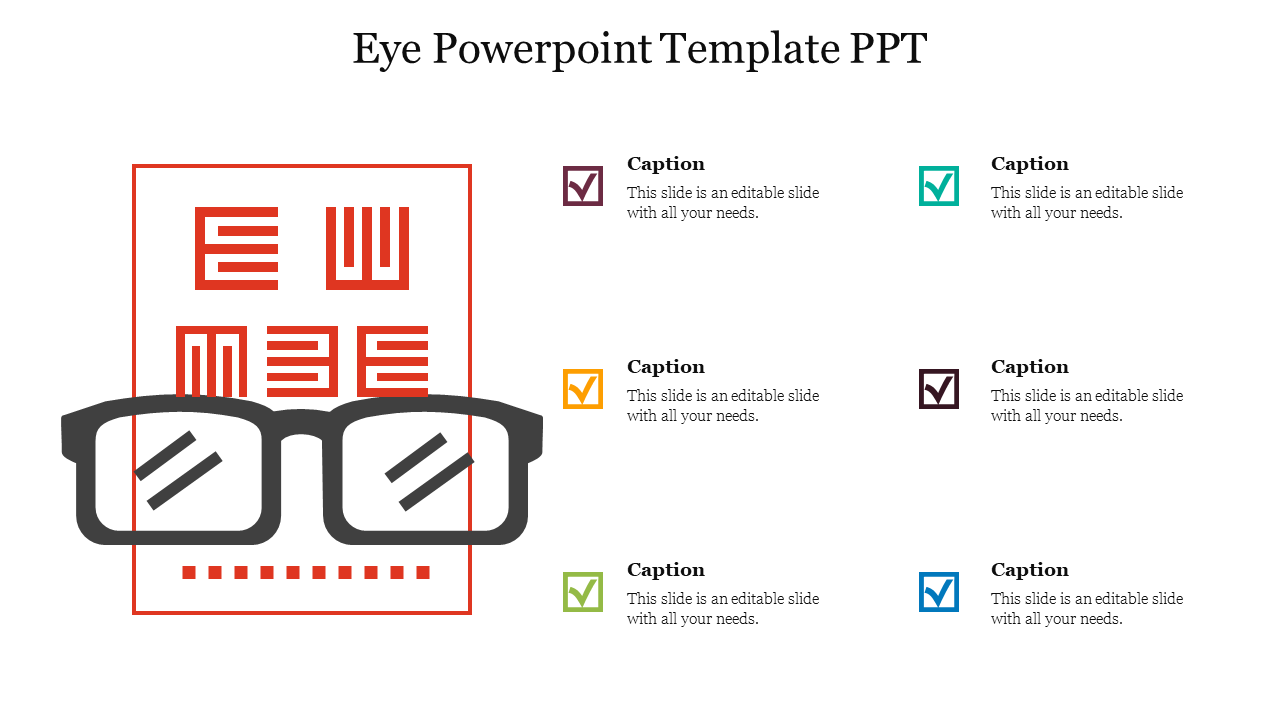 Eye PowerPoint with an illustration of eyeglasses and a vision test chart, accompanied by captions with checkmarks.