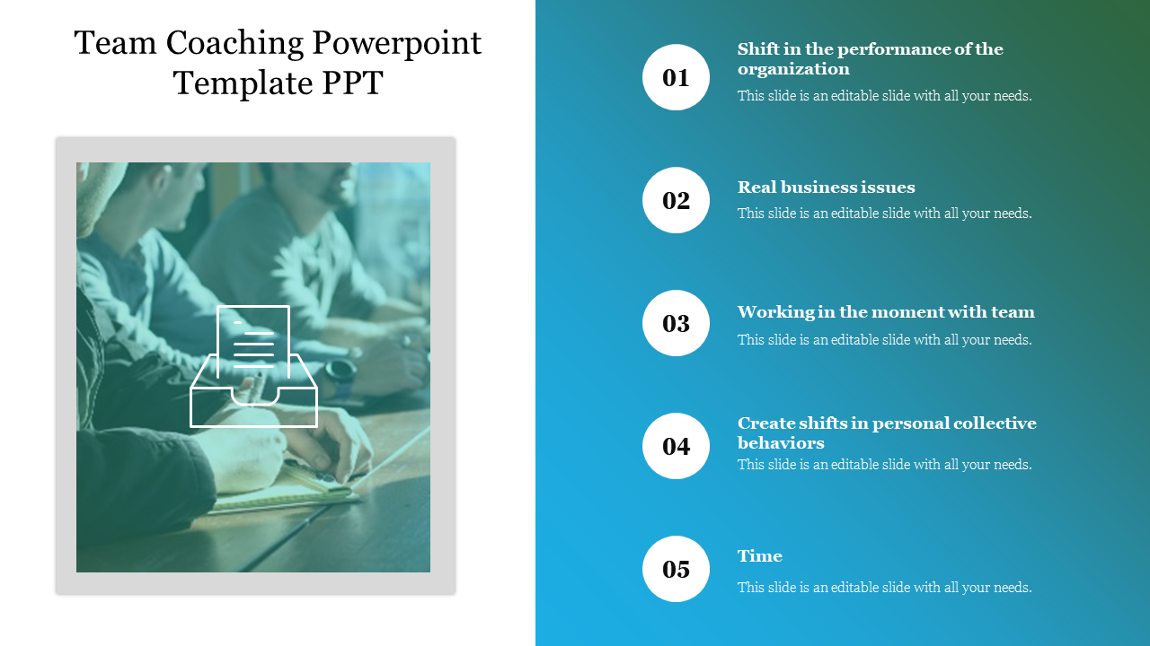 Slide for team coaching, featuring an image of a group discussing with bullet points for key topics.