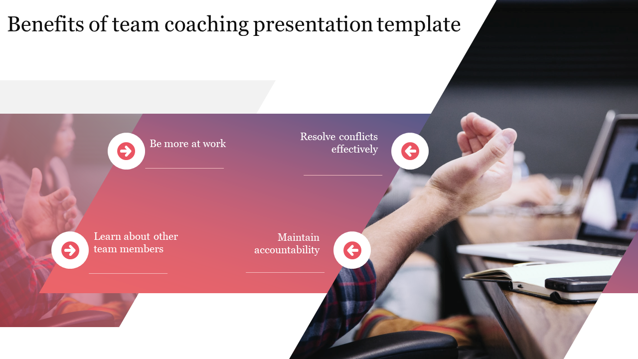 Benefits of team coaching with engaging icons and coaching tips in a professional PowerPoint slide.