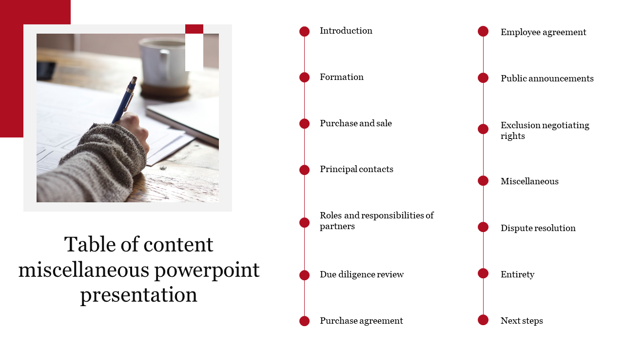 Table of contents slide with red dotted vertical timeline listing headings and a hand writing image, on a white background.