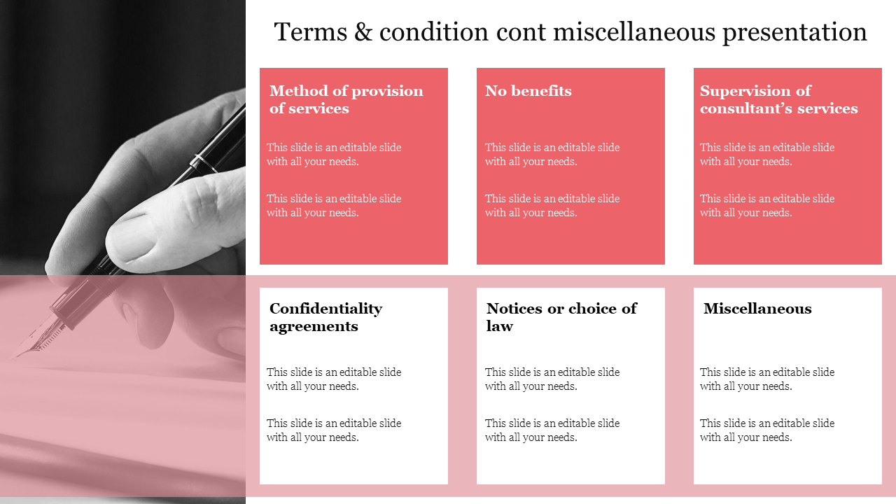 Slide layout with red and white text boxes for terms and conditions topics, over a background of a hand holding a pen.