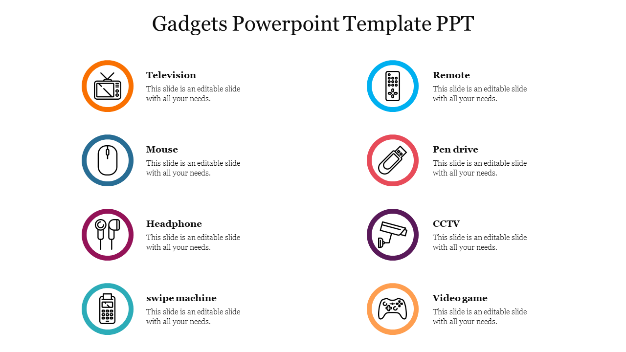 Slide with eight gadget icons in colored circles, arranged in two columns, each with captions.