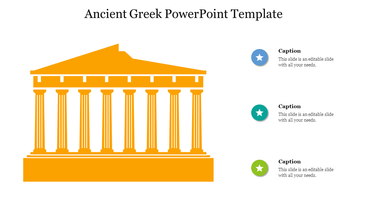 Illustration of an ancient Greek temple with three bullet points on the right for text captions.