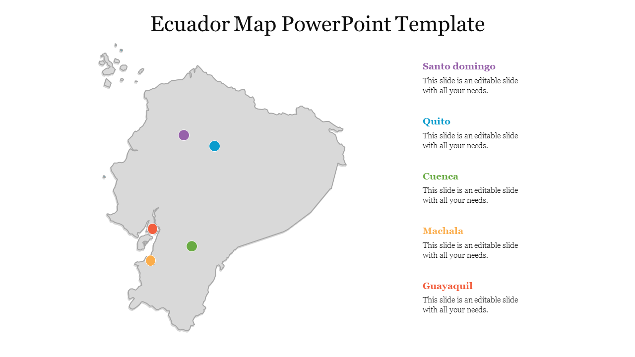 Gray map of Ecuador marked with colored dots representing cities, labeled with corresponding text on the right.