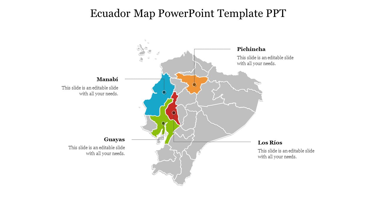 Color coded ecuador map slide highlighting key regions with text areas for manabi, pichincha, guayas, and los rios.