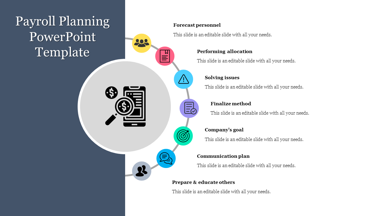 Dark blue sidebar with a circular payroll icon, surrounded by seven colored icons arranged in a semicircle, each with text.